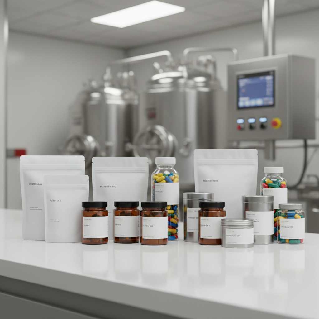 An elegant arrangement of diverse food supplement packaging formats neatly displayed on a reflective white laboratory bench: matte white stand-up pouches, amber glass jars, transparent PET bottles with various colored capsules, and sleek metal tins, all unbranded and minimal. Behind them, out of focus, stand stainless-steel mixing tanks and a digital control panel, hinting at in-house formulation and production. Bright, diffused studio-style lighting from above and the side creates soft highlights and detailed textures. Photographic realism with a slightly elevated angle and shallow depth of field emphasizes product diversity and modern B2B flexibility while maintaining a clean, sophisticated aesthetic.